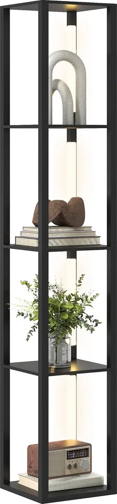 Lampadaire sur Pied de Salon avec Étagères Bois et LED Variable