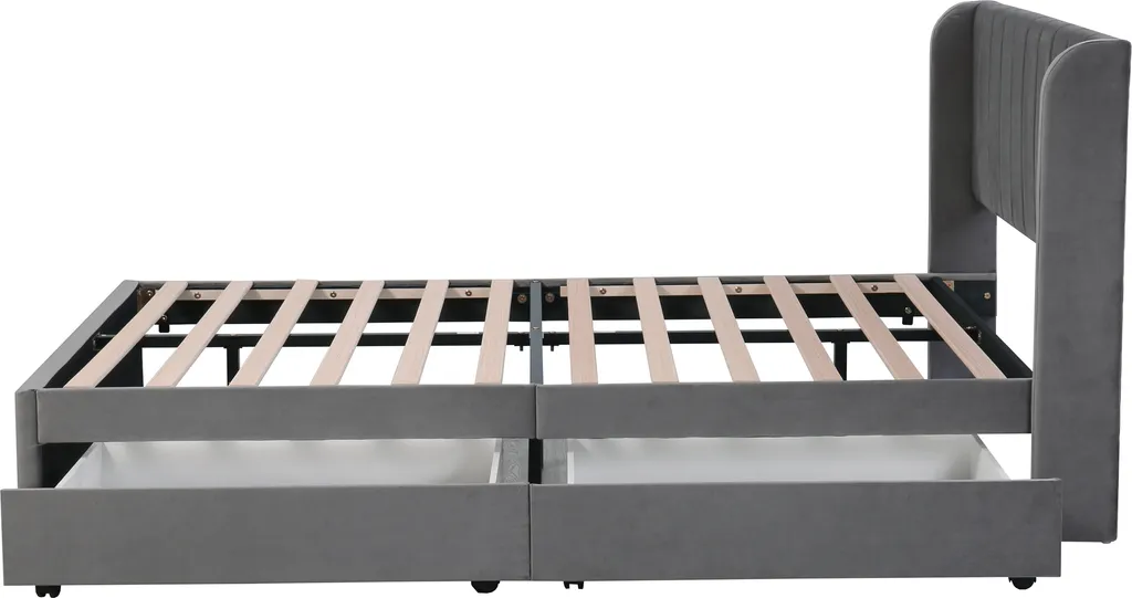 Lit 140x200cm avec 2 tiroirs et sommier, structure bois velours gris - 7
