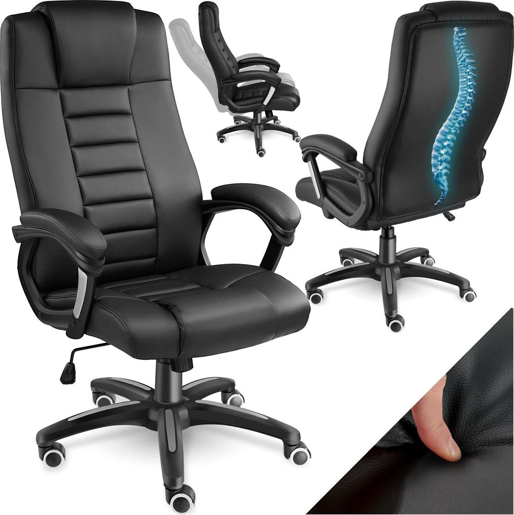 A collage of images showing a black office chair from different angles, including a close-up of the material and a graphic highlighting the ergonomic design.