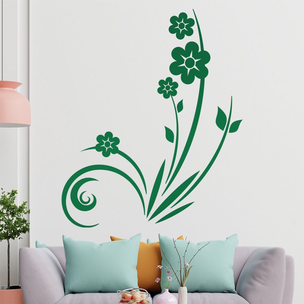 Pflanze mit Blüten - Blumen Wandtattoo in 6 Größen - Wandaufkleber Wall Sticker - Dekoration, Küche, Wohnzimmer, Schlafzimmer, Badezimmer