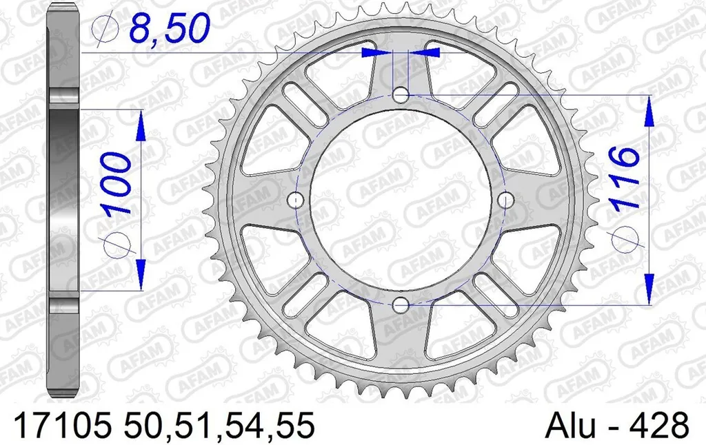 Pignon AFAM 428 pour rénovation transmission moto 50 dents argenté