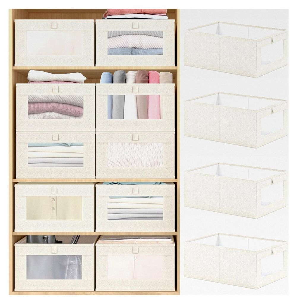 4 Stück Leinen Aufbewahrungsboxen, faltbare Organizer für Kleidung, Jeans, Spielzeug, Bücher, Regal und Schrank