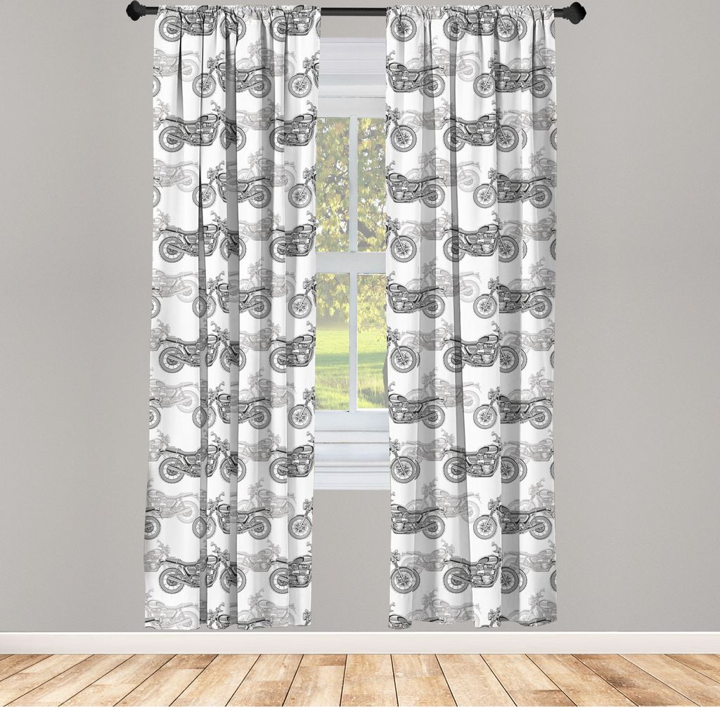 ABAKUHAUS Motorrad Vorhänge, Gardinen, Realistisch Graustufen Illustration Von Klassisch Motorräder Mit Details, 2 Stück 75 x 175 cm, , Schwarz ...