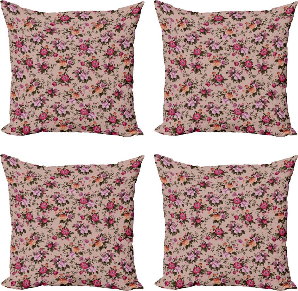 ABAKUHAUS Blume Kissenbezug Set (4 Stück), Blumenmuster mit Rose, Moderner Doppelseitiger Digitaldruck, 50 cm x 50 cm, Tan Rosa Dunkelgrün