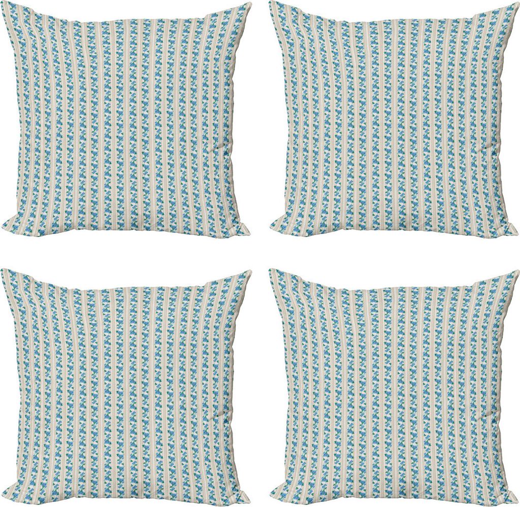 ABAKUHAUS Elfenbein und Blau Kissenbezug Set (4 Stück), Retro Stripes Rosen, Moderner Doppelseitiger Digitaldruck, 40 cm x 40 cm, Elfenbein, Blau,...