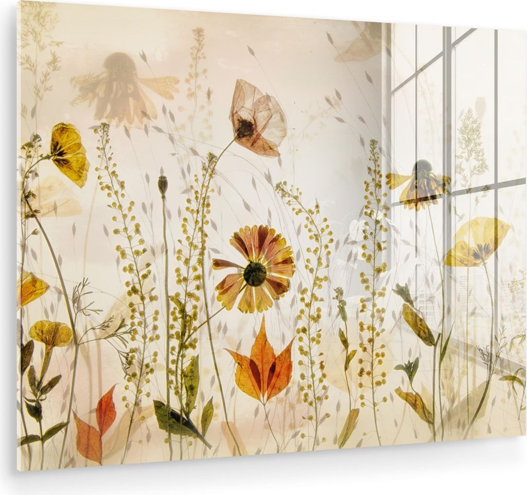 MuchoWow Glasbilder - Bilder auf Wandbild - Foto auf Glas Illustration - Pflanzen - Insekten - Beige 40x30 cm Wanddekoration aus Glas - Acrylglasbi...
