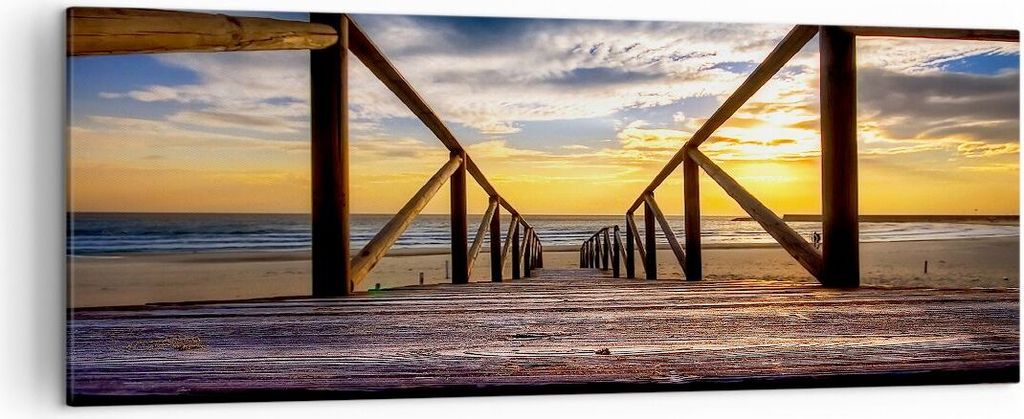 Bild auf Leinwand - Leinwandbild - Strand Ozean Sand Holzbrücke Sonnenuntergang - 140x50cm - Wand Bild - Wanddeko - Leinwanddruck - Bilder - Kunst...