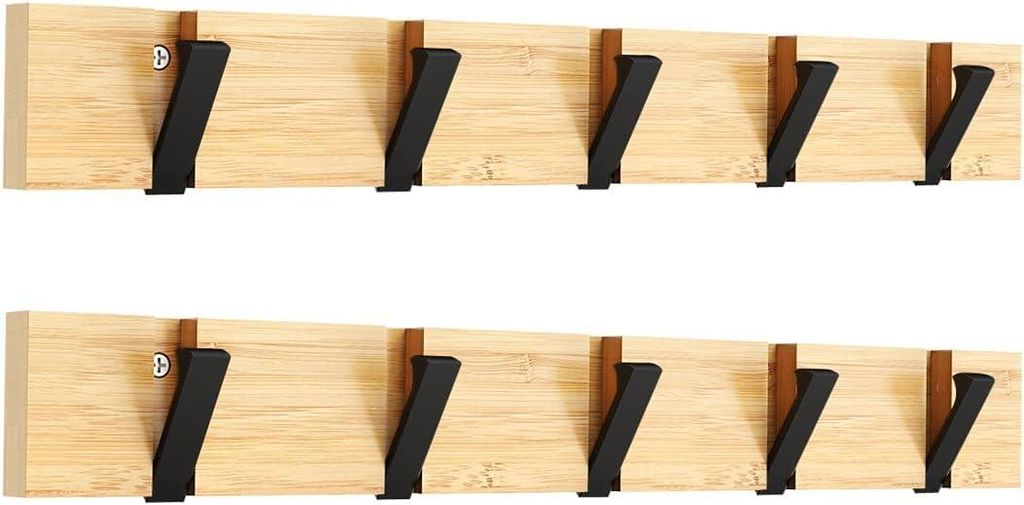 Kleiderbügel, Wandmontage, 5 ausziehbare Haken, Tragkraft 20 kg, Bambusplatte, schwarze Haken