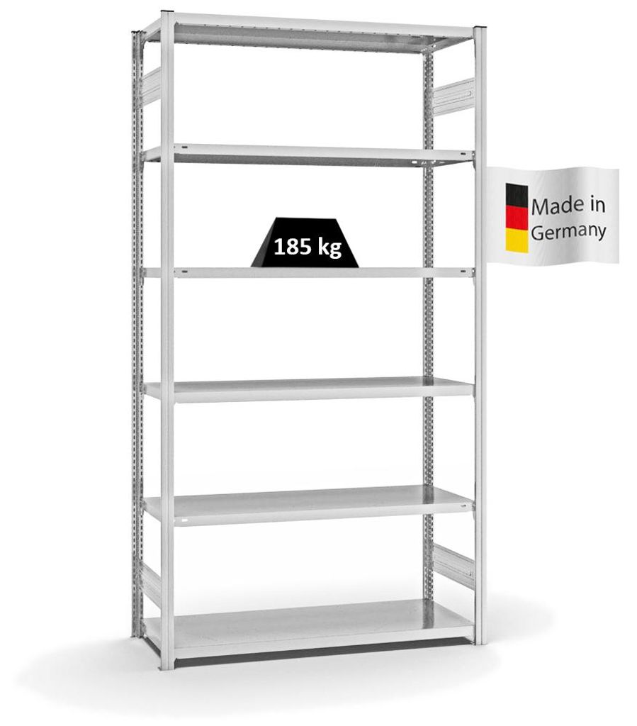 PROREGAL Fachbodenregal Stecksystem MAGNUS Germany | HxBxT 250x130x50cm | 6 Ebenen | Fachlast 185 kg | Beidseitig nutzbar | Lichtgrau