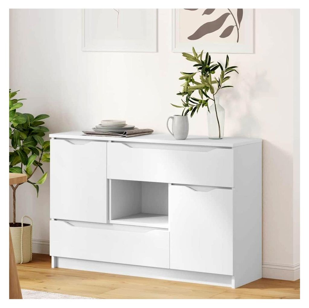 Sideboard mit Schubladen in Weiß 100 x 30 x 65,6 cm aus Holzwerkstoff, für Wohnzimmer, rechteckig, modernes Design, viel Stauraum, helle Beleucht...