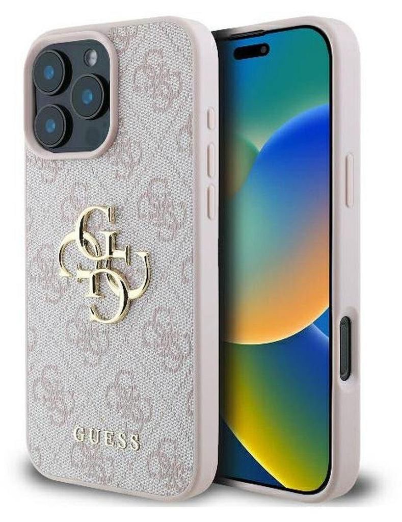 A pink hard case for an iPhone 16 Pro with the Guess logo.