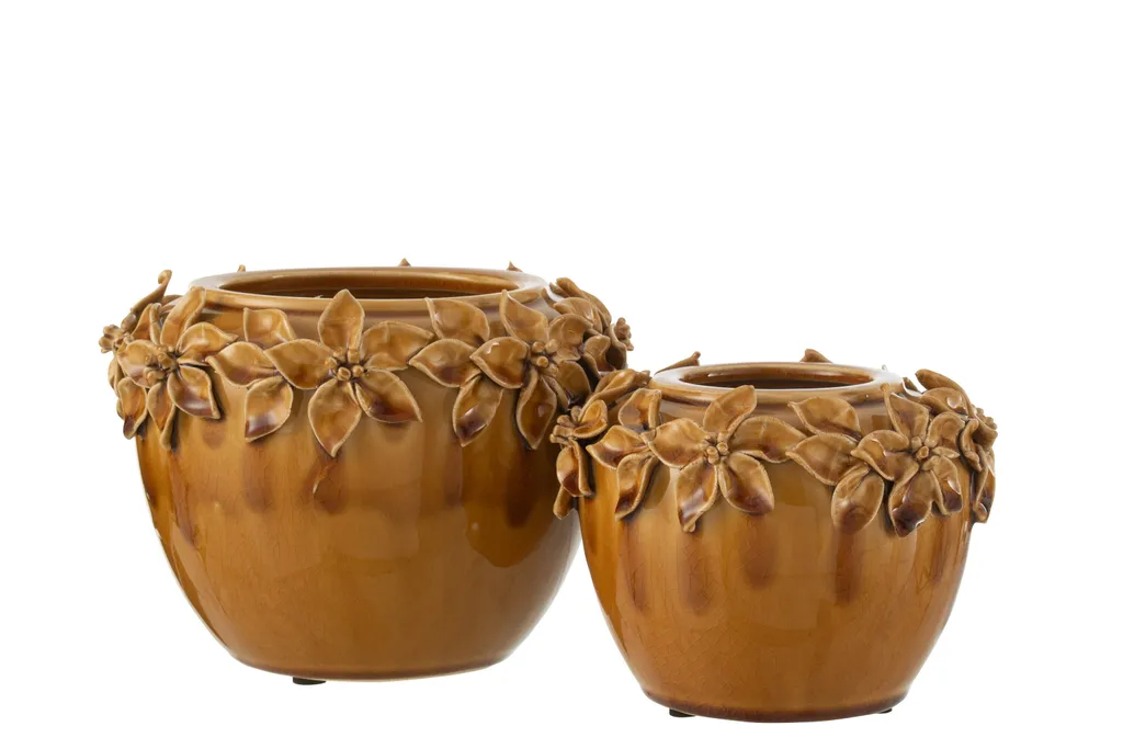 J-Line Cache-pot Fleur Céramique Ocre Large - Design Artisanal Belge - 2