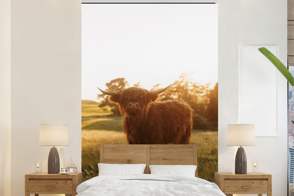 MuchoWow Fototapete für Wohnzimmer oder Schlafzimmer Wandtapete Vinyl Motivtapete Schottischer Hochländer - Gras - Sonne - 200x300 cm - Wanddek...