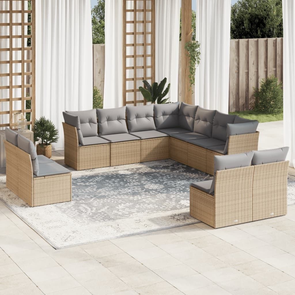 11-tlg. Garten-Sofagarnitur mit Kissen Beige Poly Rattan, Sitzgruppe 3217819