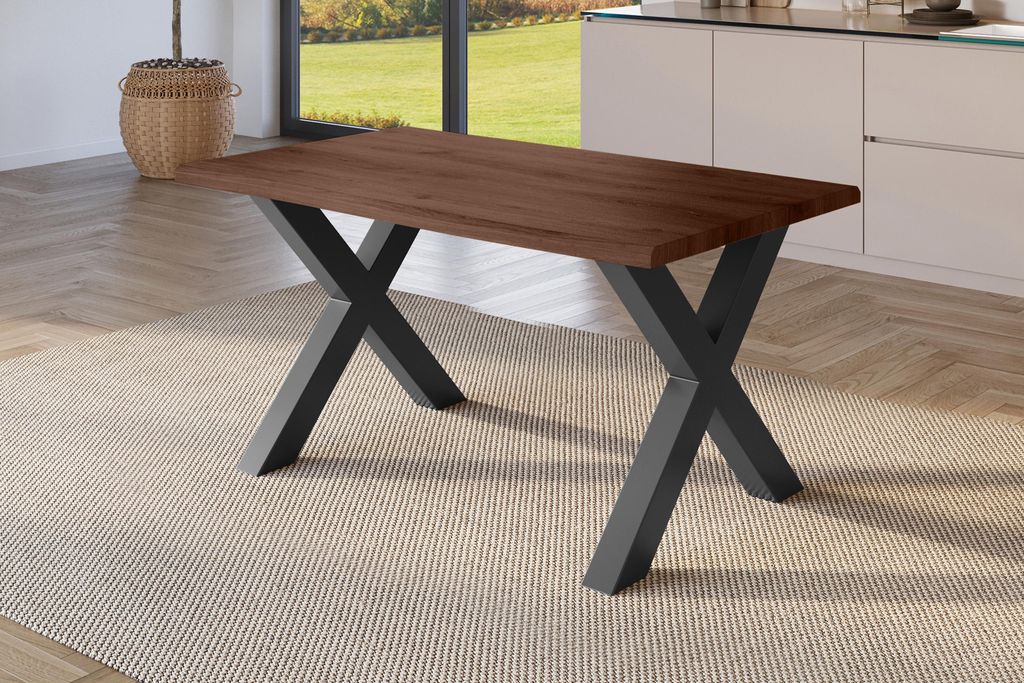 Esstisch Baumkante Holz-Optik Nussbaum 140 x 80 X-Gestell schwarz JULIUS