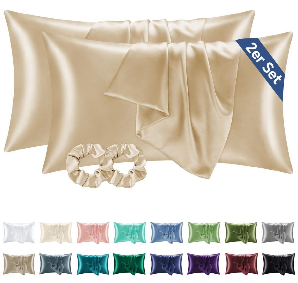 Satin-Kissenbezug 40 x 80 cm Gold Beige - Set mit 2 Kissenbezügen, seidig weich, 40x80 cm sommerliche Kissenbezüge mit 2 Haargummis für Haar und...