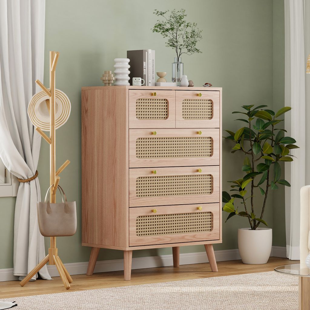 Moderne Kommode mit 5 Schubladen aus Holz und Rattan, multifunktionales Aufbewahrungsmöbel für Schlafzimmer, Wohnzimmer und Flur, elegantes und k...