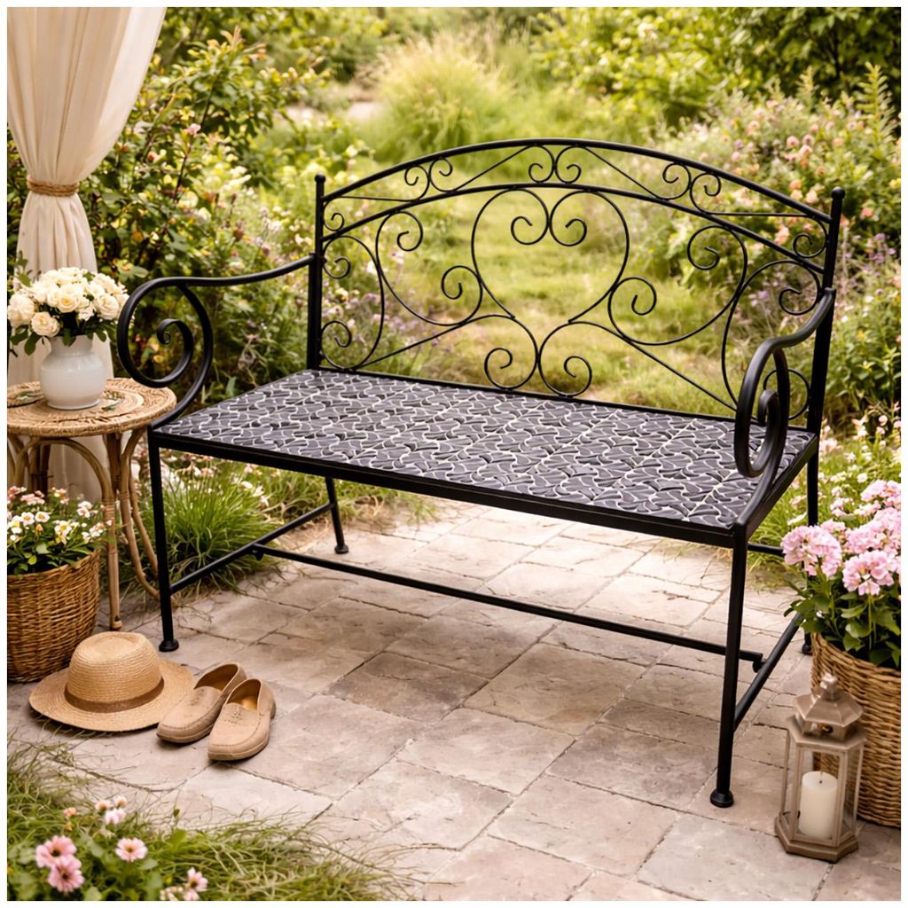 Metall Gartenbank mit Mosaik Sitzfläche Vintage Gartenbank Produktbild 