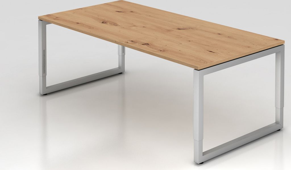 Schreibtisch Pavo | Asteiche | Silber Gestell | BxT 200x100cm | Arbeitshöhe 65-85cm | höhenjustierbar, 1cm Raster | O-Fuß-Gestell eckig | Rechte...