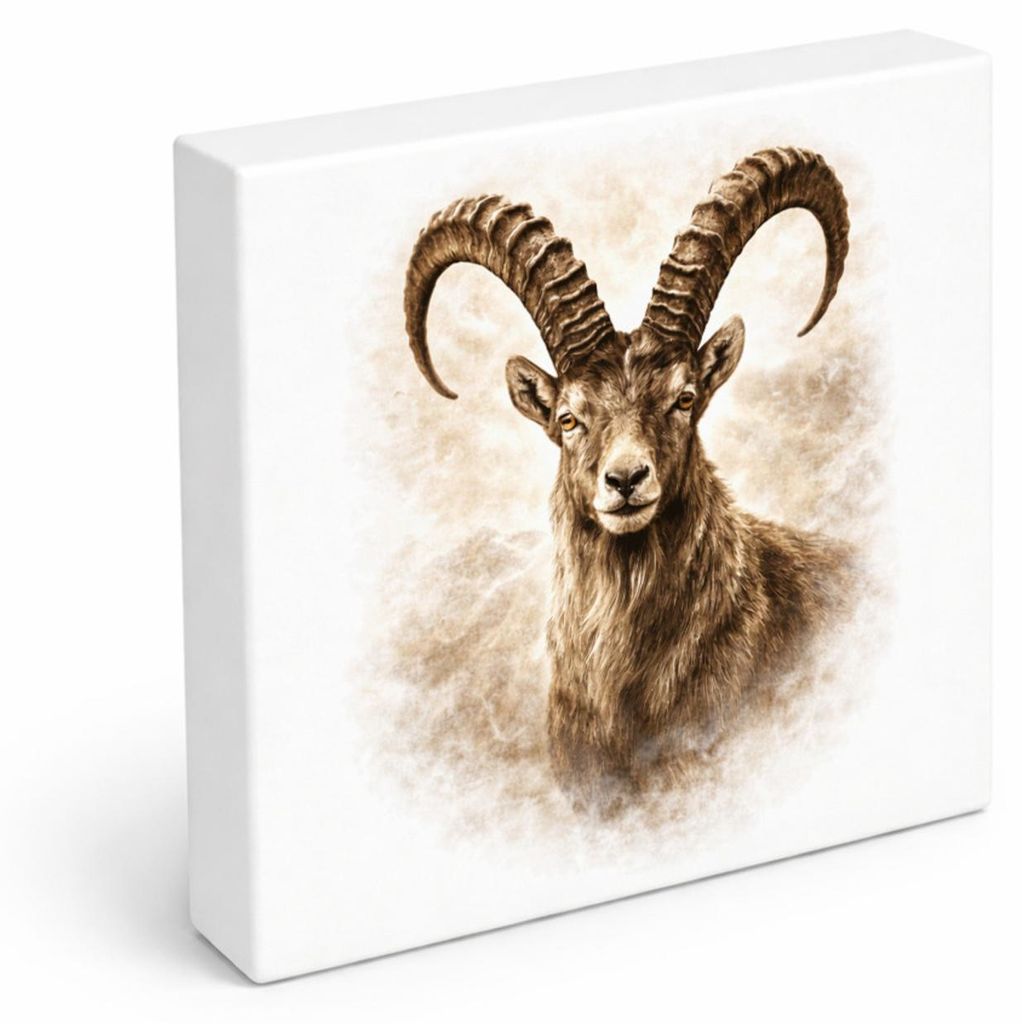 Wild and Free Steinbock Porträt Holzbild in 15x15 cm zum Stellen oder Aufhängen