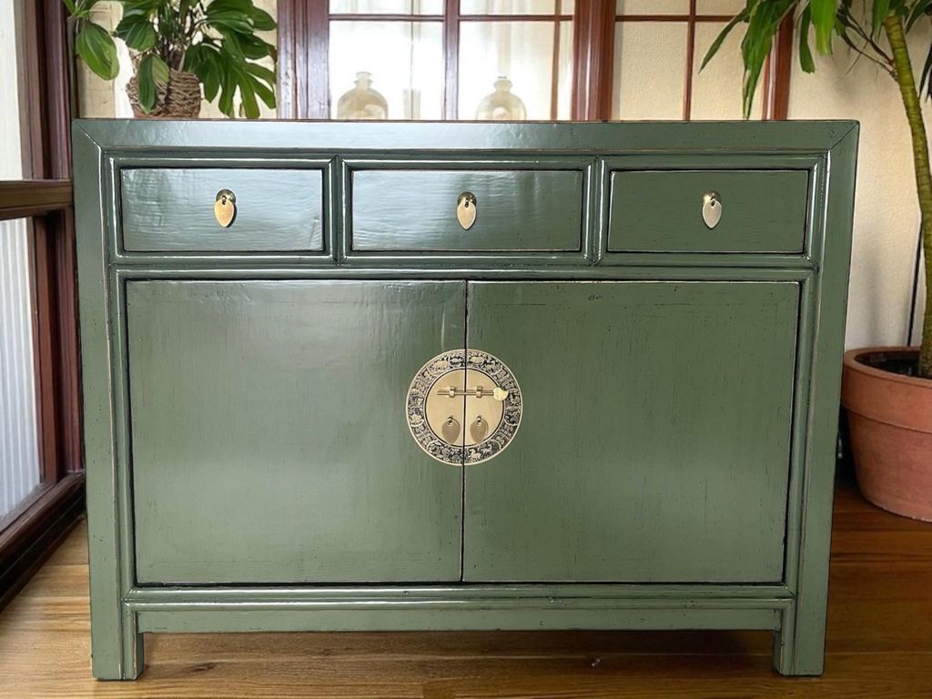 OPIUM OUTLET Chinesische Kommode Asia Sideboard orientalischer Schrank asiatische Vintage Möbel Anrichte Hochzeitsschrank komplett montiert oliv