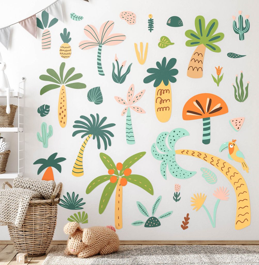 Tropische Vegetation– Wandgestaltung – Wandbilder Kinder – Motivtapeten Set – Wanddekor Kinderzimmer – Selbstklebende Wandsticker – 60x...
