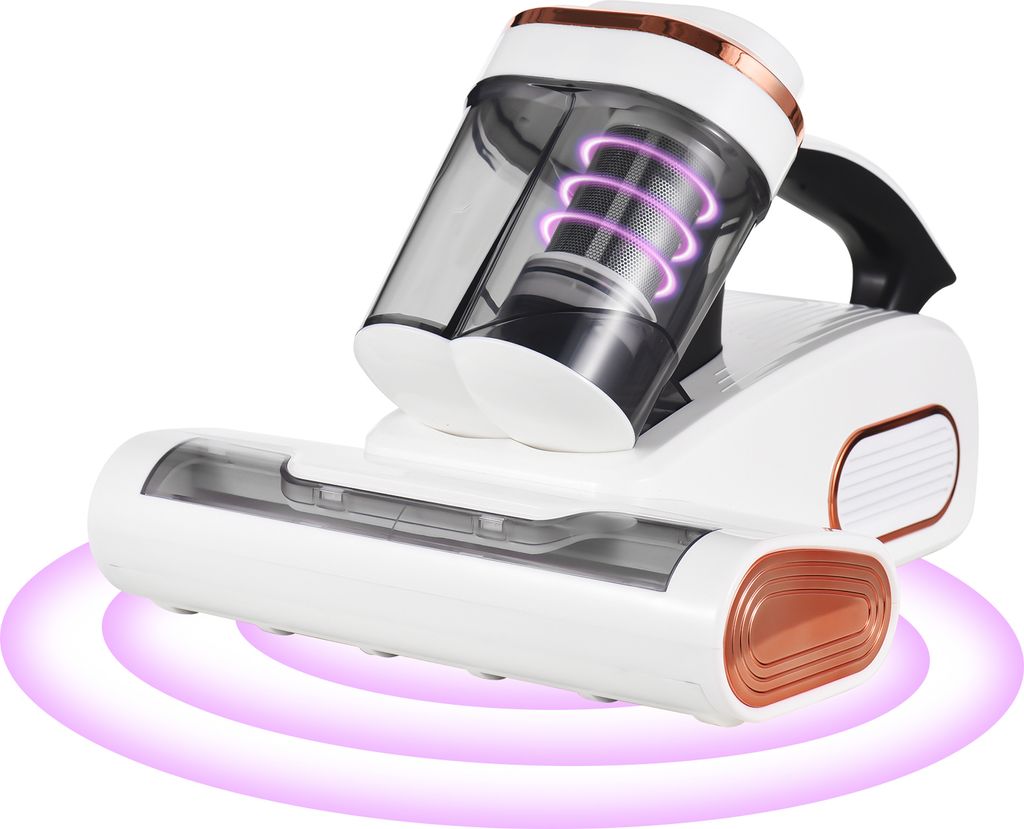 A white and copper handheld vacuum cleaner with a transparent dustbin, shown against a white background with purple light effects emanating from the bottom.