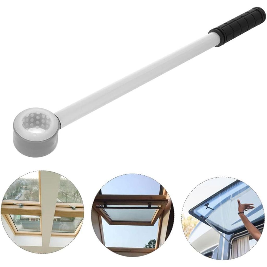 A product image collage showing a window opening lever and examples of its use in different window types.
