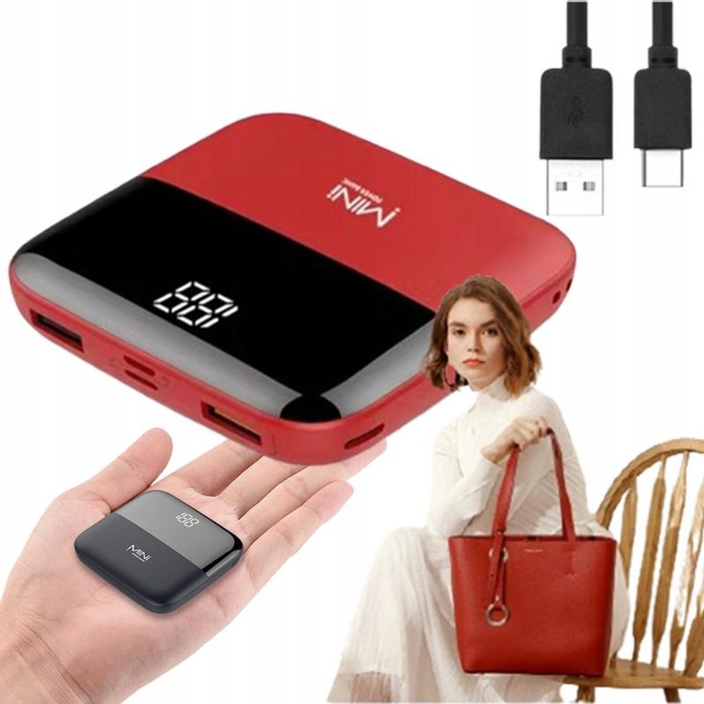 MINI POWER BANK 10000mAh LEICHT TASCHENFORM SCHNELLES LADEN rot