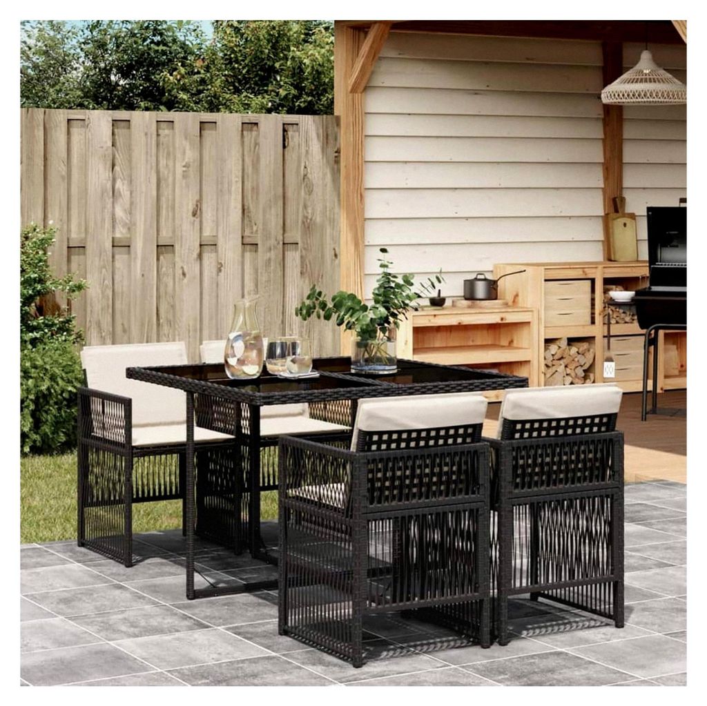 Gartenmöbel Set aus Polyrattan für 4 Personen, Sitzgruppe für Garten, Essgruppe, Gartentisch mit 4 Stühlen und Kissen in Schwarz und Creme