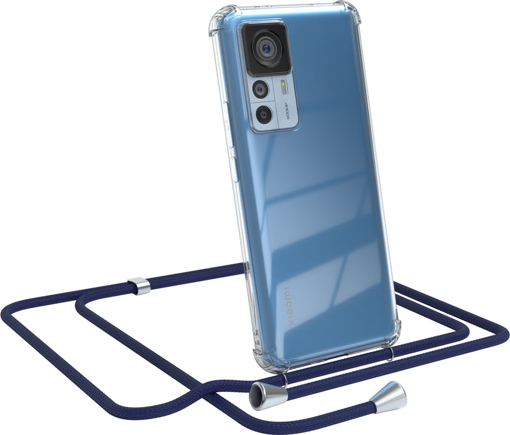 EAZY CASE Handykette kompatibel mit Xiaomi 12T / 12T Pro, Handyhülle mit Umhängeband, Handykordel, Schutzhülle Clear, Band in Blau