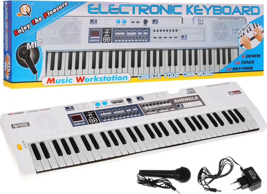 A white electronic keyboard with a microphone and power adapter, presented in a box with marketing text.