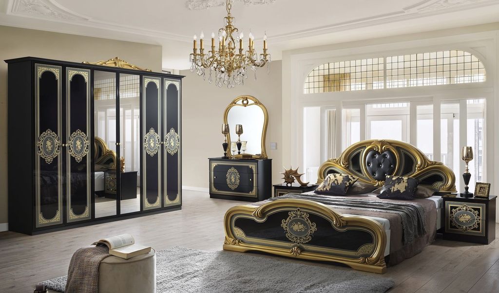 Barock Schlafzimmer-Set Clara in Schwarz/Gold 6-Teilig