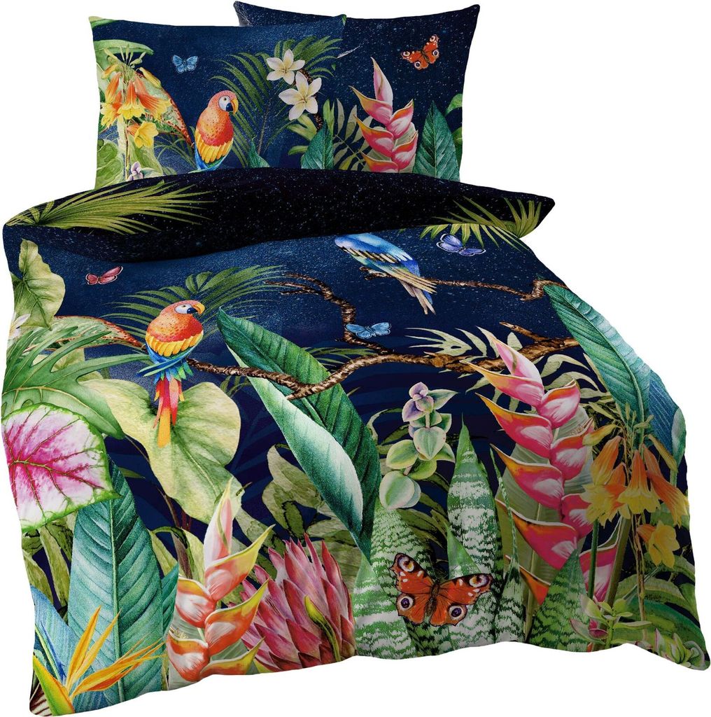 Kaeppel Mako Satin Digitaldruck Bettwäsche 2 tlg. Tropical Galaxy Dschungel Papagei Bunt Regenwald, Größe:155x220cm Bettwäsche