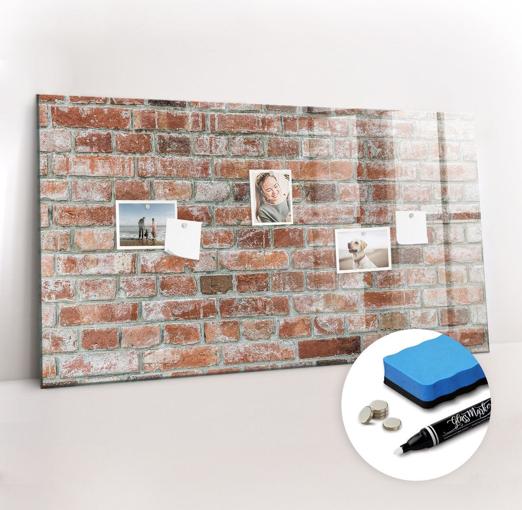 Magnetpinnwand Memoboard - Zubehörsatz - Weißer Marker + Schwamm + Magnete - 120 x 60 cm - Ziegelwand