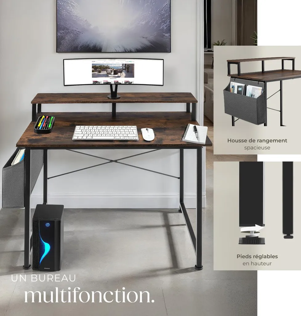 Bureau informatique avec rangement et poche latérale 120 cm bois rustique