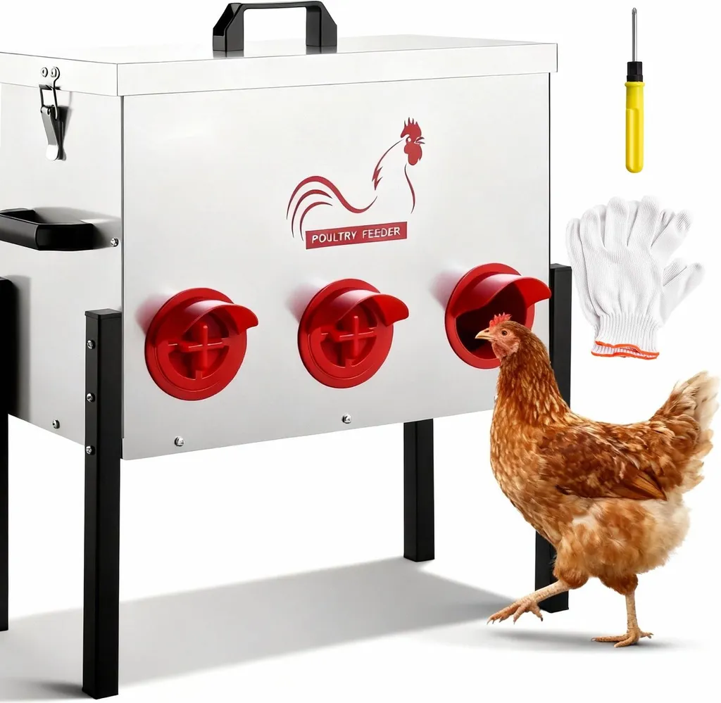 Mangiatoia Automatica Pollame 13,6 kg Metallo - 6 Fori Altezza Regolabile