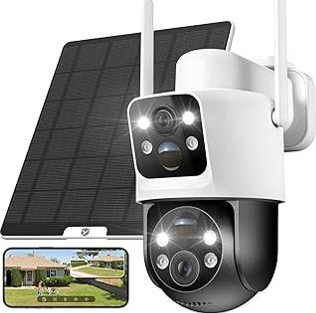 2K Überwachungskamera Aussen Solar, 360° PTZ Solar Kamera Outdoor mit Dual Objektiv, Kabellos 2,4GHz WLAN, 10000mAh Akku, 6W Solarpanel, Duale PI...