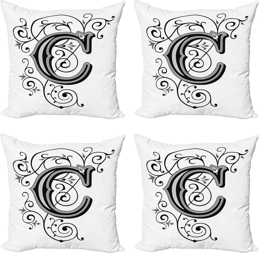 ABAKUHAUS Buchstabe C Kissenbezug Set (4 Stück), Gothic Vintage-Hauptstadt, Moderner Doppelseitiger Digitaldruck, 40 cm x 40 cm, Weiß, Schwarz, Grau