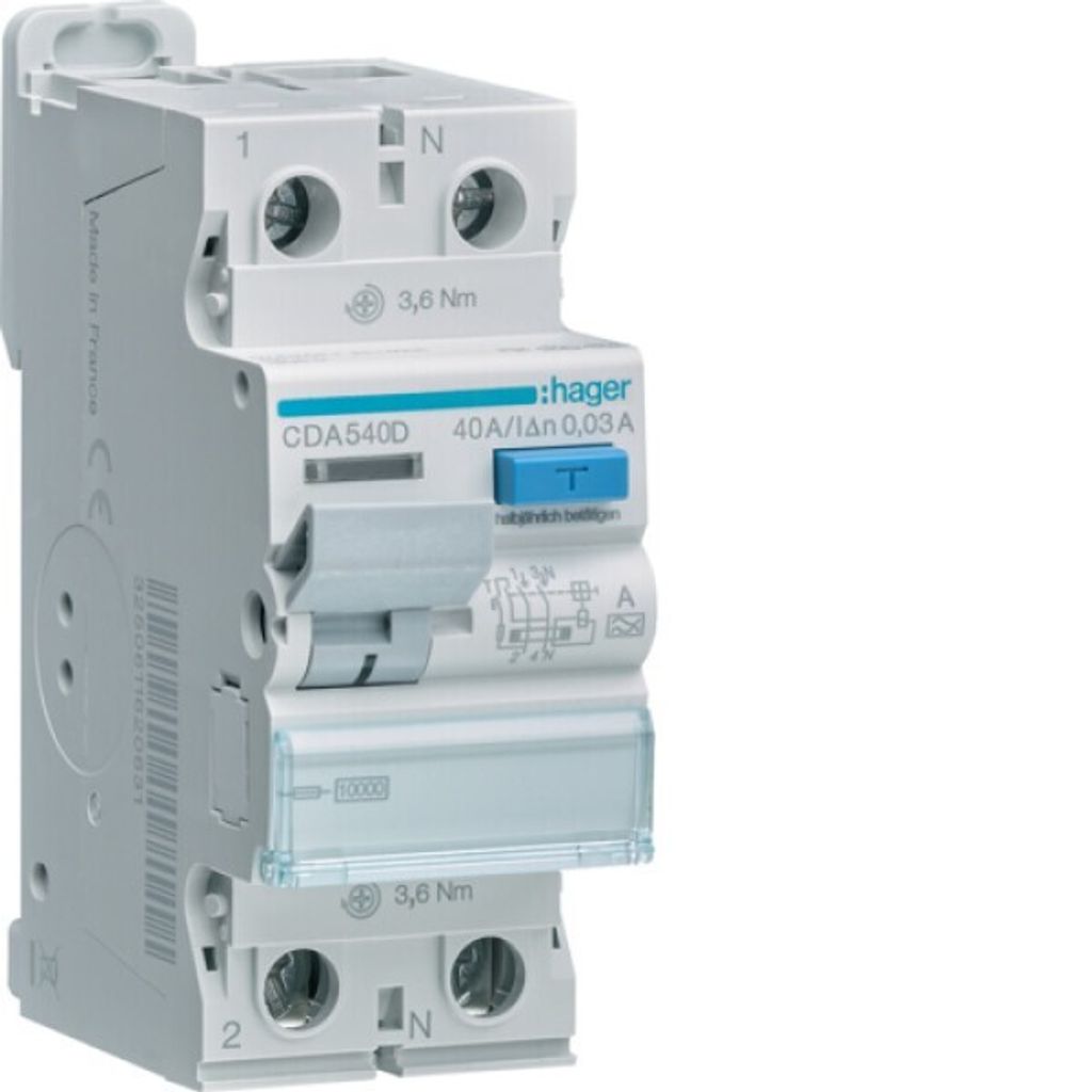 HAGER CDA540D FI-Schutzschalter 2P 10kA 40A 30mA TypA (CDA540D)