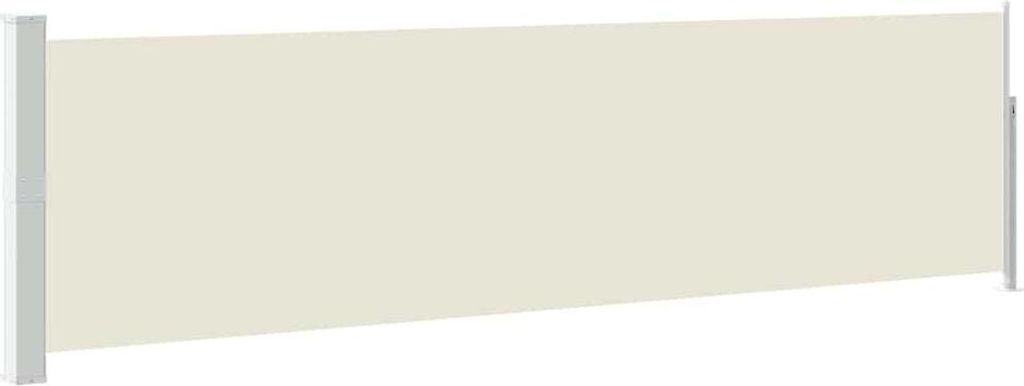 A cream-colored retractable side awning with gray support poles on either end, presented against a white background.