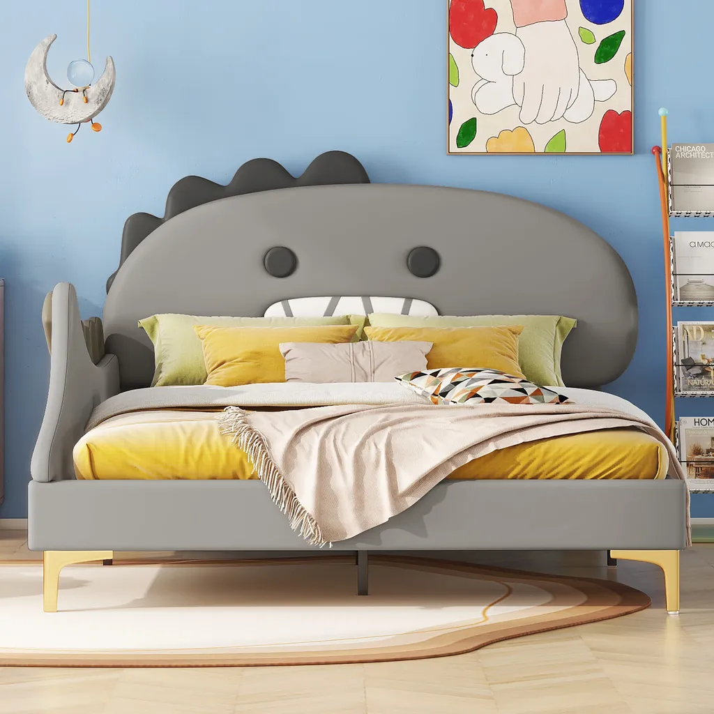 Ulife Lit d'Enfant Dinosaure 140x200 cm en PU Gris - Design Original