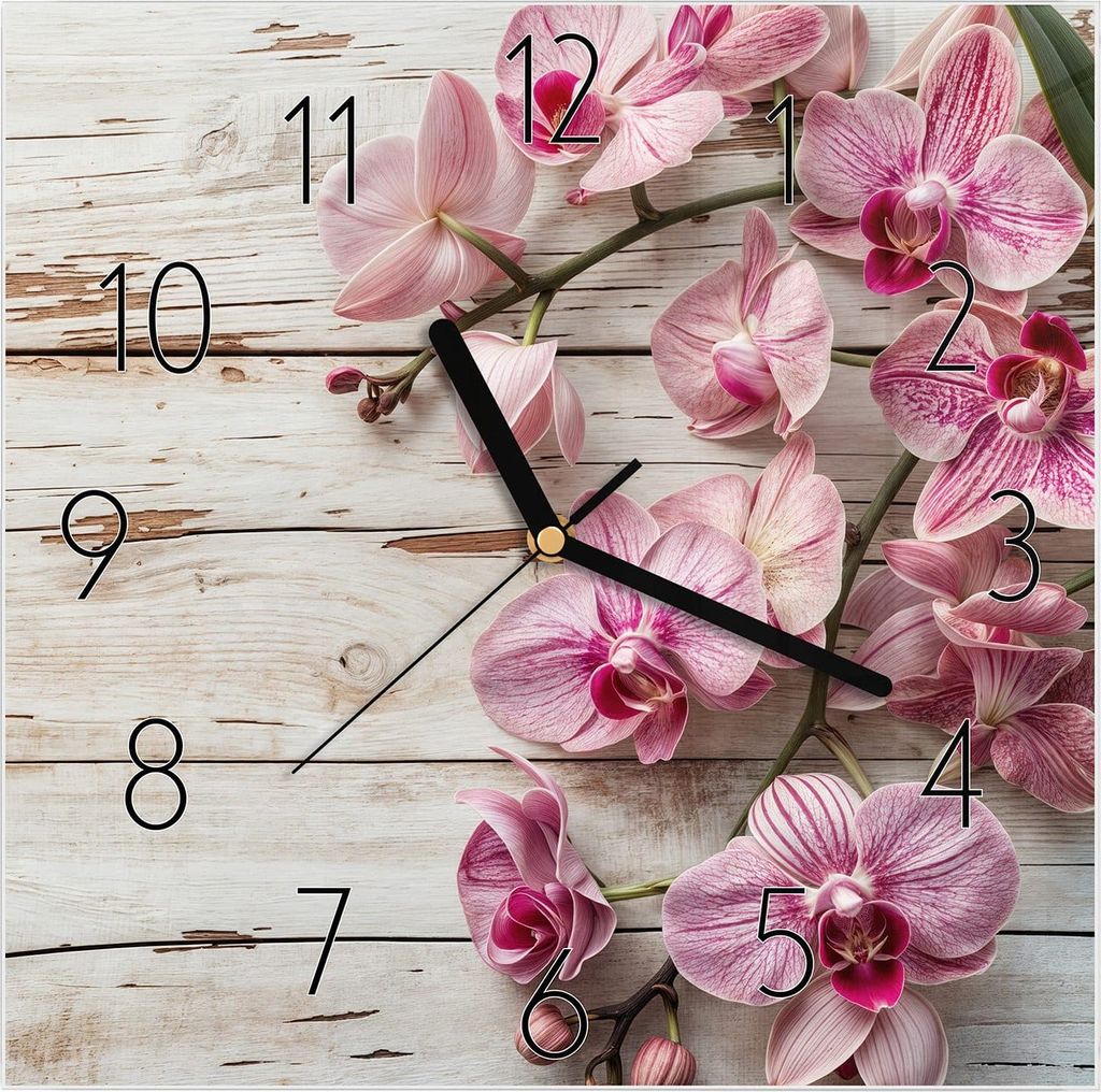 Wanduhr aus Glas mit Motiv Orchideen auf Holz- 30 x 30 cm - Produktbild 