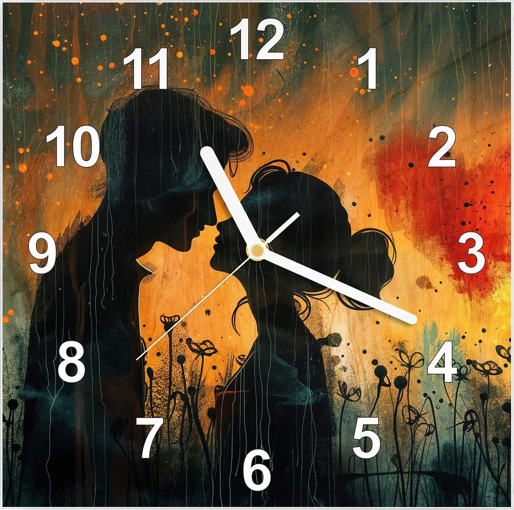 Wanduhr aus Glas mit Motiv Liebespaar im Regen- 30 x 30 cm - inkl. Aufhängesystem