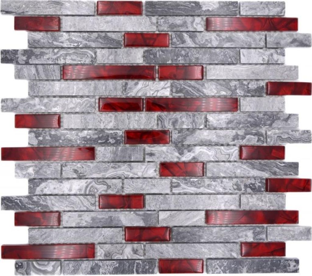 Naturstein Glasmosaik grau mit rot glänzend Wand Küche Bad Dusche - MOS87-0409