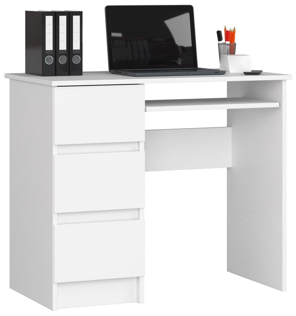 Computerschreibtisch – Schreibtisch – Bürotisch – Büroschreibtisch – 90 cm – Weiß Matt – Funktionaler Computertisch mit 3 Schubladen