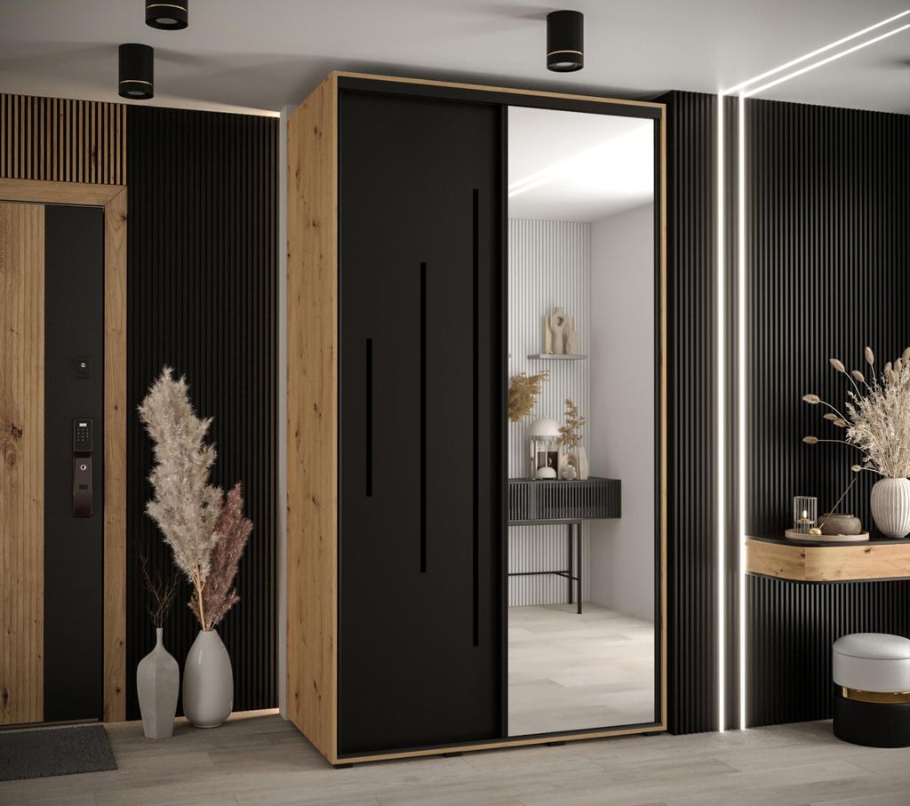 Kleiderschrank YVONA 13 - 130/60 cm, Eiche handwerklich / schwarz / schwarz