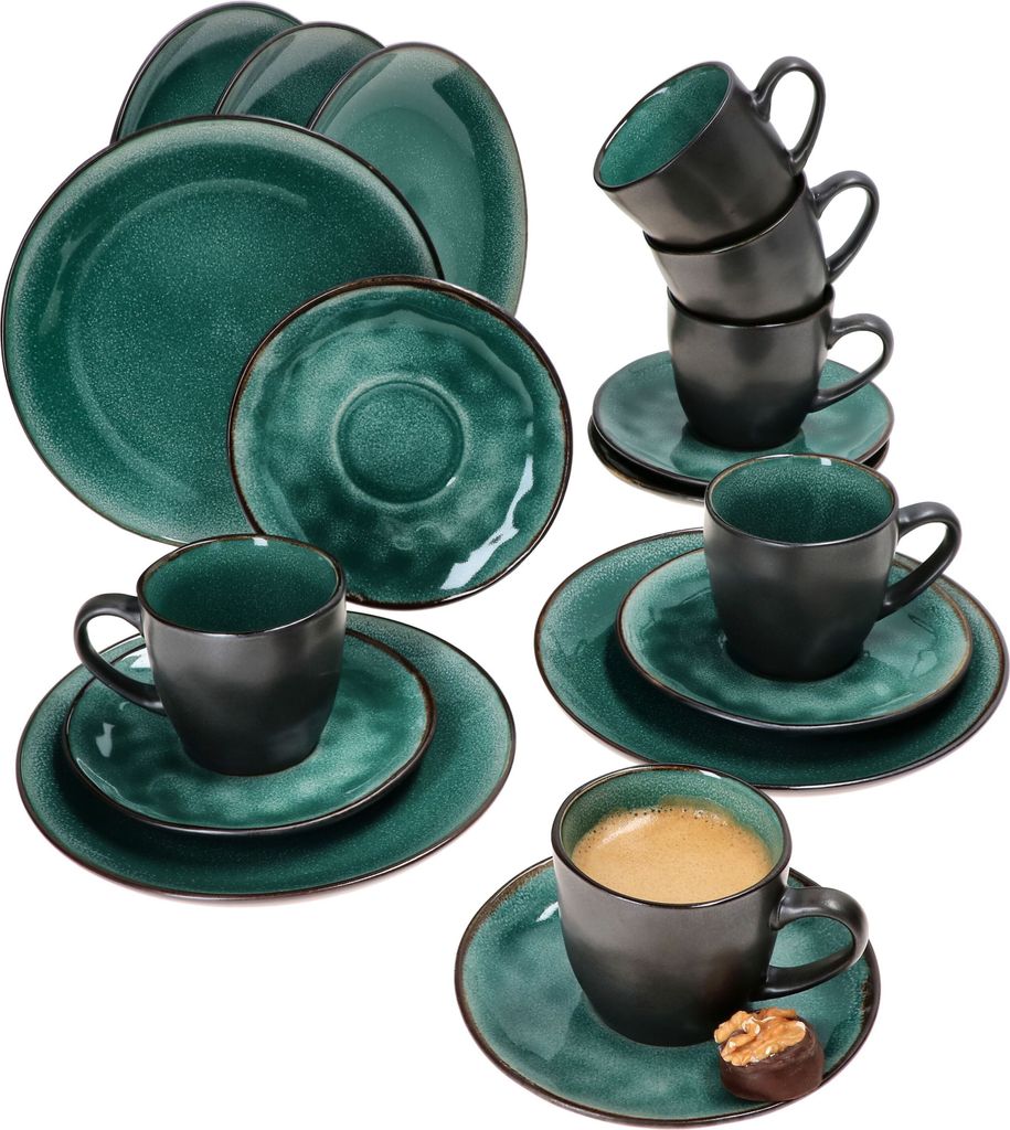18tlg. Kaffeeservice Reactive Glaze Green Steingut Kuchen-Teller Tasse Mint-Grün