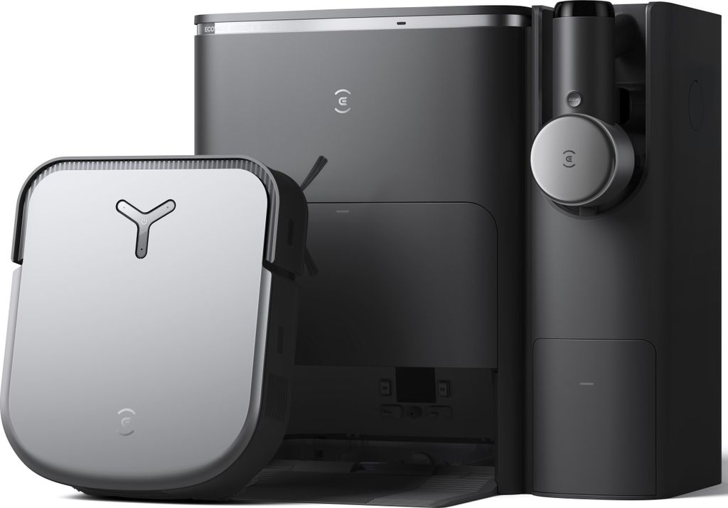 A robot vacuum cleaner and its charging station are displayed against a white background.