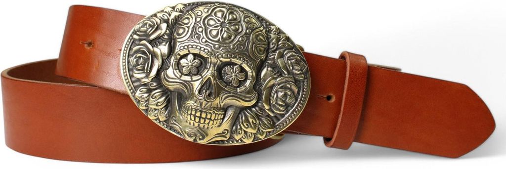 FRONHOFER Best Patina Totenkopf Herrengürtel 4cm, Santa Muerte, Sattlerleder